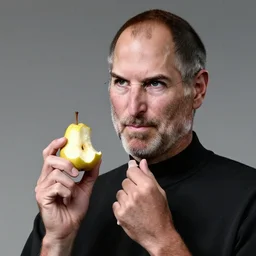 Steven Paul Jobs holding a bitten pear in deep thinking, realistic, 8k, photography