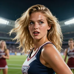 epic portrait cinematic shot an cheerleader taunting, stadium backround, shiny skin, flowing blonde hair, fine details. night setting. realistic shaded lighting poster by craig mullism, artgerm, jeremy lipkin and michael garmash, unreal engine, radiant light, detailed and intricate environment, digital art, trending on art station,