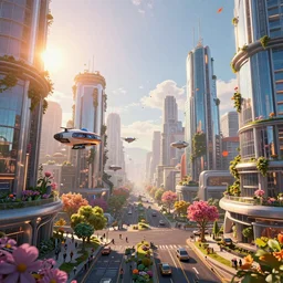 Sunrise over solarpunk city, colorful flower petals floating in the air, many trees and blooming flowers, futuristic flying vehicles and drones, archdaily, architectural digest, busy streets filled with people, sun rays, vines, vertical gardens, utopia, beautiful glass and steel architecture, extreme detail, futuristic