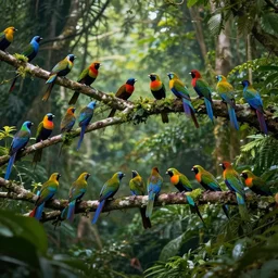 flocks of different color and species of paradisaea on a jungle branch, beautiful dynamic lighting, cinematic, wide angle establishing shot, extremely high detail, photo realistic, cinematic lighting, post processed, concept art, artstation, matte painting, style by eddie mendoza, raphael lacoste, alex ross