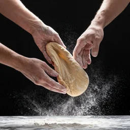 a photo of two hands manipulating a smooth dough floating and spinning in the air, black background, flour dust spray, backlit, high quality action photography, studio photo, 50mm