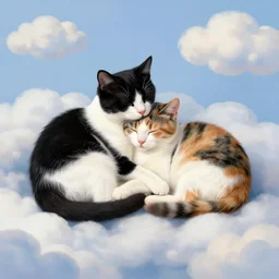 a black and white cat and a tri-color calico cat sleeping peacefully together in cat heaven, puffy clouds, dreamy, painted by Tyler Edlin, very very very very crispy