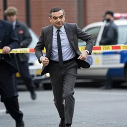 Movie scene of Mr. Bean, played by Rowan Atkinson, escaping the scene of a crime