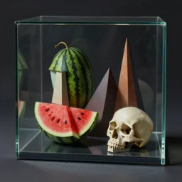 * * < < https : / / s. mj. run / 9 5 jduf _ n 2 1 e > > > tania marmolejo imagines a still life painting made of geometric forms and shapes in a dark material, fruit, watermelon and a skull, organized in a joseph cornell box, poetic meaning, glass render, smooth style