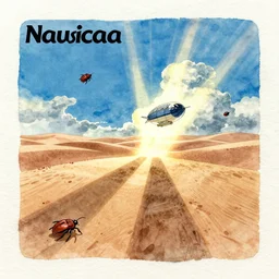 anime movie screenshot, paper texture, ( ( simple watercolor ) ) by tatsuyuki tanaka, vanishing point,, by ghibli!!! nausicaa!!, desert!!!, rim light, long shadows, bright, scenic, miyazaki, vibrant, motion, airship, flying beetles
