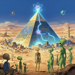 wise aliens teach ancient egyptians about nuclear atomic energy with a glowing pyramid connected with a cable to a city and surrounded by crowds and a desert in the distance, digital art, artstation, trending, 4 k, intricate, ultra hd, in the style of studio ghibli