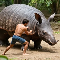shirtless man fighting giant armadillo