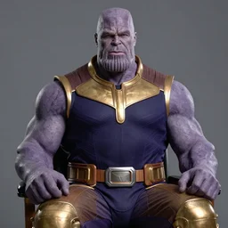 dlsr photo of thanos as a white man white man white man white man white man with bowl cut hair and beard taken in studio lighting sitting on chair