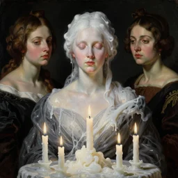 The portrait of beautiful pale women melted like wax with many white candles by Nicola Samori, Ilya Repin, William Blake, Michelangelo da Caravaggio and Beksinski, black background, highly detailed oil painting, trending on artstation, dramatic volumetric lighting, 4k, masterpiece