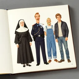 a magnetic dress up book from the 1 9 7 0's featuring lenin. outfits include a nun, a policeman, a plumber and a greaser.