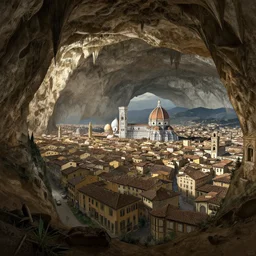 underground cavern with a beautiful detailed concept art of a huge underground city of florence in the background, natural light
