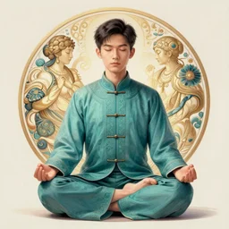 boy, asian, meditating in lotus position, teal suit, intricate, elegant, highly detailed, artstation, sharp focus, illustration, ruan jia, mandy jurgens, rutkowski, mucha
