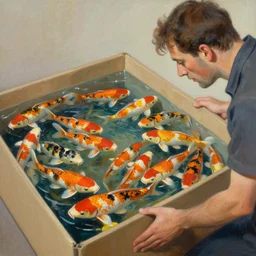 inspecting a shipment, the box is full of water and koi. art in the style of vincent di fate.