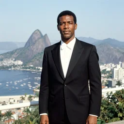 vintage photo of a black man wearing a black suit in front of rio de janeiro
