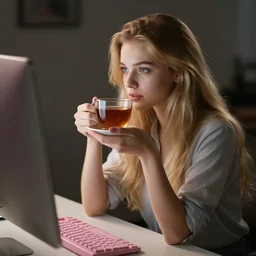 russian girl with long blond hair sitting at a pink keyboard holding a cup of tea, beautiful, cinematic dramatic atmosphere