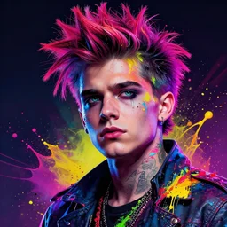 splashes of neon, punk portrait made out of paint, trending on artstation, epic composition, emotional, beautiful, rendered in octane, highly detailed, realistic, comic book art