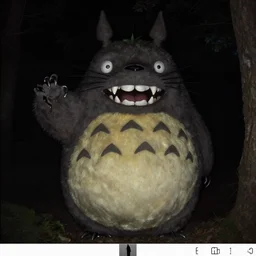 trail cam footage of a terrifying totoro monster with fangs and glowing eyes about to attack the camera from the shadows, gothic, horror film, claws, sharp teeth, aggressive, violent, realistic,