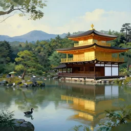 japanese landscape, temple, mountains in distance, lake with japanese creatures in front, digital art, high quality, looks like painting from pablo picasso