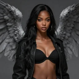 portrait of a beautiful black haired girl - archangel with gray wings, black open jacket, black bra, highly detailed, d & d, fantasy, highly detailed, digital painting, trending on artstation, concept art, sharp focus, illustration, art by artgerm and greg rutkowski and fuji choko and viktoria gavrilenko and hoang lap