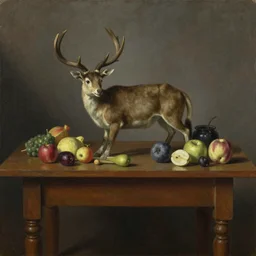 still life with fruit and taxidermy on a very long table, oil on canvas (1767)