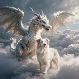 falkor luck dragon from neverending story as a white australian shepherd in the clouds
