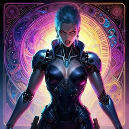 I have no mouth and i want to scream, cyberpunk angry gorgeous android, mass effect, alterd carbon, William Gibson, neon, fibonacci, sweat drops, insane, intricate, highly detailed, digital painting, artstation, concept art, smooth, sharp focus, illustration, Unreal Engine 5, 8K, art by artgerm and greg rutkowski and alphonse mucha