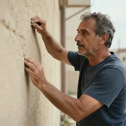 award winning cinematic still of 40 year old Mediterannean skinned man building a wall in Jerusalem, holding a sword and a chisel, dramatic lighting, strong shadows, directed by Steven Spielberg
