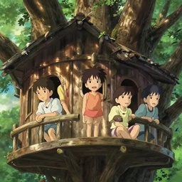 a film still portrait of kids playing at a treehouse, sun light, finely detailed features, closeup at the faces, perfect art, very big treehouse, gapmoe yandere grimdark, trending on pixiv fanbox, painted by greg rutkowski makoto shinkai takashi takeuchi studio ghibli, akihiko yoshida,