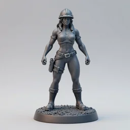 80mm resin detailed miniature of a very Muscular miner woman, tops, helmet, navel, boots, Logo, textured base; Product Introduction Photos, 4K, view from front
