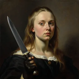 A painting of Thunberg with a knife, dramatic lighting, painted by Caravaggio