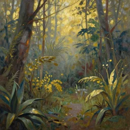 chernobyl irradiated tropical garden. gouache and gold paint, russian romanticism, muted palette, backlighting, depth of field.