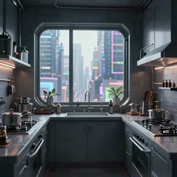 photo of a cyberpunk kitchen with a window overlooking the city ahead, 4k, highly detailed