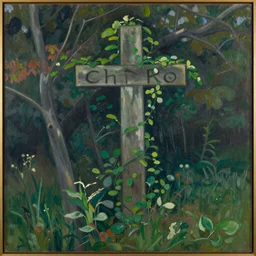 vintage beautiful painting of a Chi Ro cross being overgrown in Mary Cassatt style