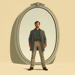 full body portrait of a man standing in front of a giant mirror, by dean ellis, john watkiss, limited neutral palette, beautiful graphic design, propaganda poster art 1 9 7 0 s illustrated advertising art, painterly character design