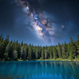 nebula above a clear blue lake in the middle of an evergreen forest