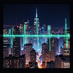 beautiful synthwave city in an oscilloscope