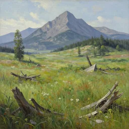 landscape painting of destroyed meadows with mountainrange in background, dystopian battlefield, nature, summer, fine details, magali villeneuve, artgerm, rutkowski