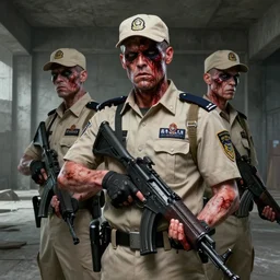zombie security guard officers in beige uniform and caps with background brutalist concrete interior trending on artstation digital painting highly detailed ( blood skin ) 4 k 8 k holding bullpups hd by greg rutkowski