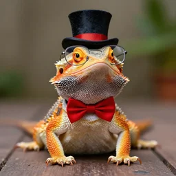 dslr portrait still of a bearded dragon wearing a top hat glasses and a red bowtie, 8 k 8 5 mm f 1. 4