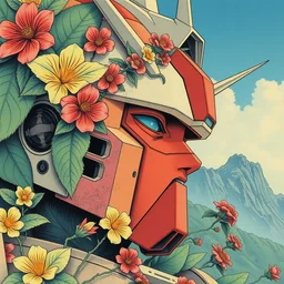 risograph grainy drawing vintage sci - fi, satoshi kon color palette, gigantic gundam, covered with exotic flora, 1 9 8 0, kodachrome, natural colors, comicbook spreadsheet, codex seraphinianus painting by moebius and satoshi kon and dirk dzimirsky close - up portrait