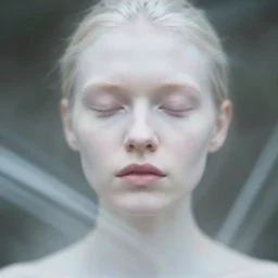 out of focus photorealistic portrait of a beautiful aesthetic pale woman by saul leiter, very blurry, translucent white skin, closed eyes, foggy, white stripes in the foreground