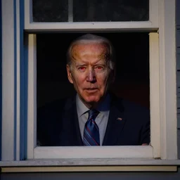 zoomed out photo of joe biden with red eyes staring through a window in the middle of the night, horror dark setting
