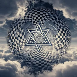 psychdelic dreamworld in the clouds, surrealist and abstract digital art trending on artstation by artist Rob Gonsalves and Mark Riddick, chequered freemasonic occultic patterns