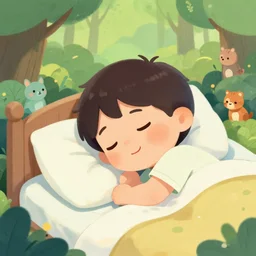 a beautiful illustration of a little cute boy on his bed dreaming about a beautiful green forest with cute animals, detailed face, beautiful colors, digital art