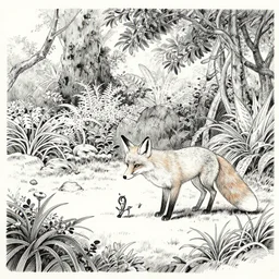 fox playing in tranquillity garden black ink drawing by james jean very detailed high contrast xuan paper lush background