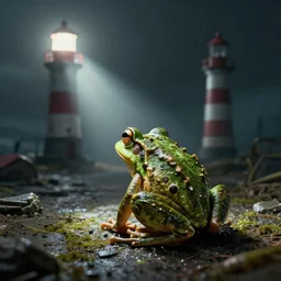 matrix, frog, lighthouse, beam, realistic, back lit, distopian