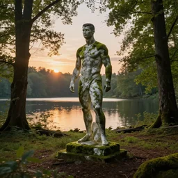 a mossy marble statue of Cristiano Ronaldo abandoned in the middle of a forest near a lake at sunset by Greg Rutkowski, concept art, godrays, complementary colors, calm, relaxing, beautiful landscape, highly detailed, high quality, 4k HDR, path tracing, serene landscape, high coherence, soft lighting