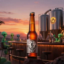 a brewery with brand name 1 5 1 6 on mars with aliens at the bar watching sunset
