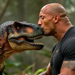 Film still close-up shot of Dwayne Johnson kissing a dinosaur in the movie Jurassic Park. Photographic, photography