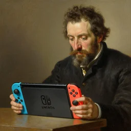 A man playing the Nintendo Switch. Painting by Rembrandt. Hyper realism, intricate details, masterpiece.
